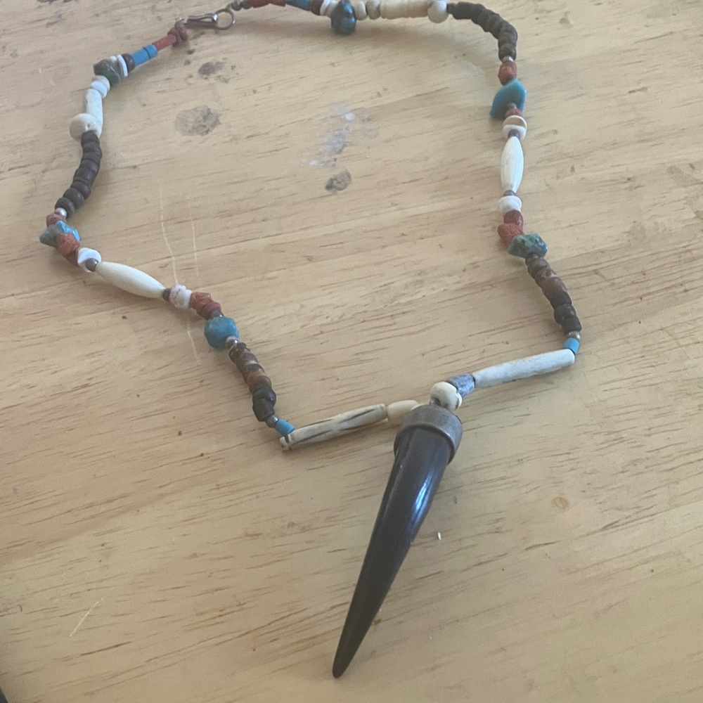 Brown and White Beaded Necklace with  Pendant